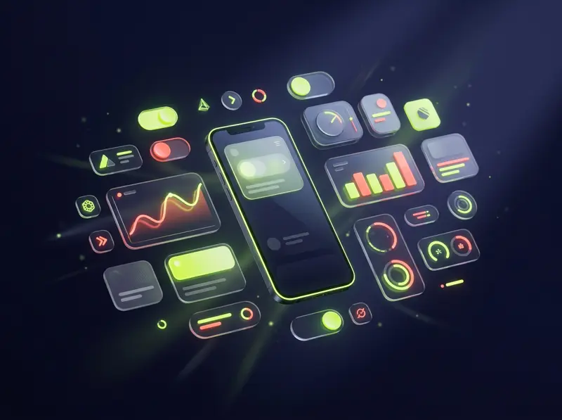 Floating app interface cards, toggles and charts orbiting a smartphone