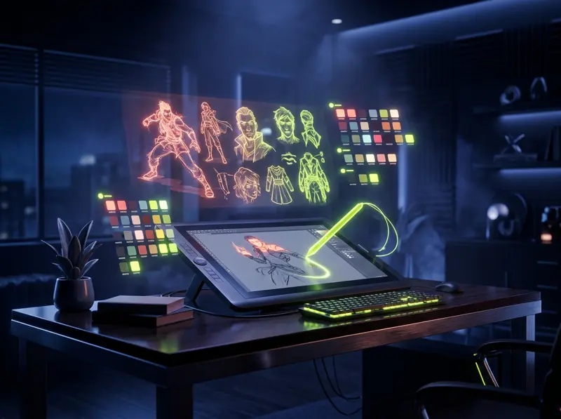 A glowing drawing tablet surrounded by floating character sketches and colour swatches