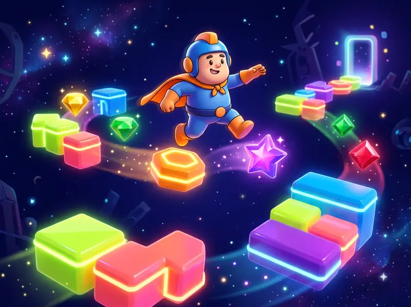 A cartoon hero leaping across glowing puzzle blocks and gems in a mobile game world