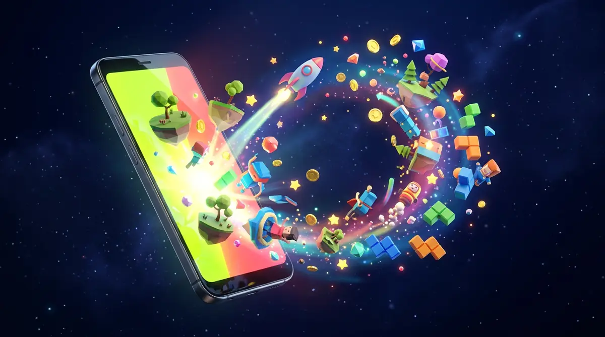 A smartphone with a colourful game world bursting out of its screen