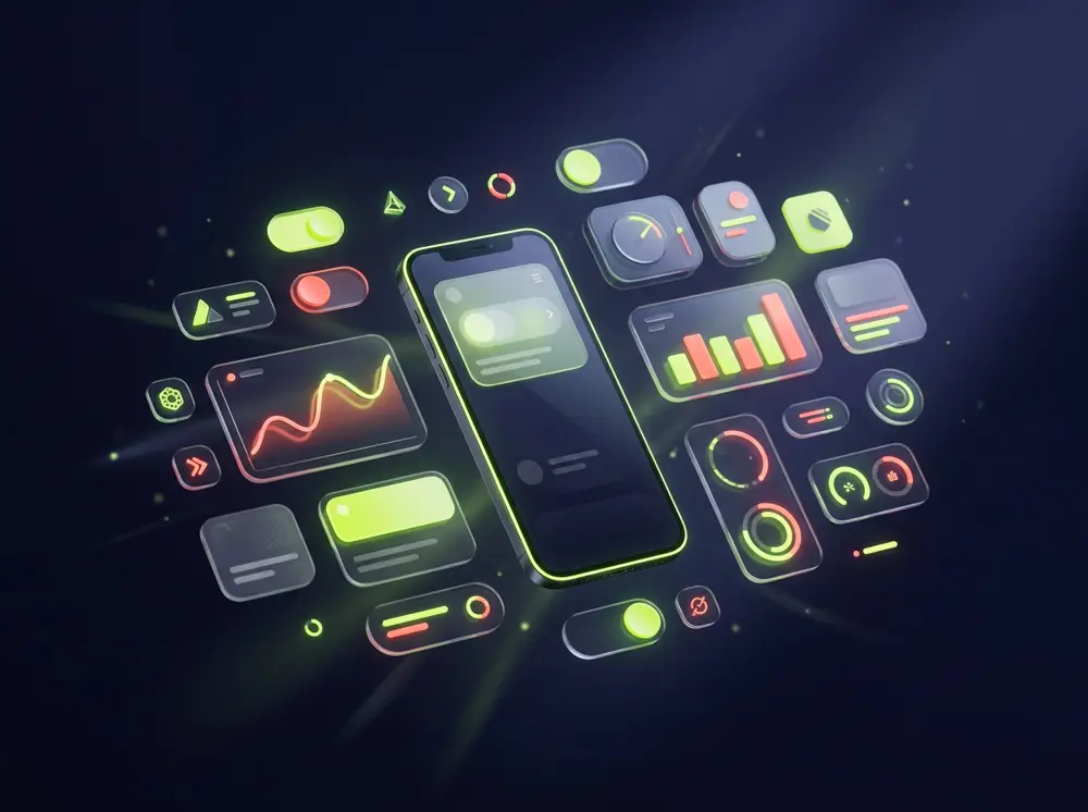 Floating app interface cards, toggles and charts orbiting a smartphone