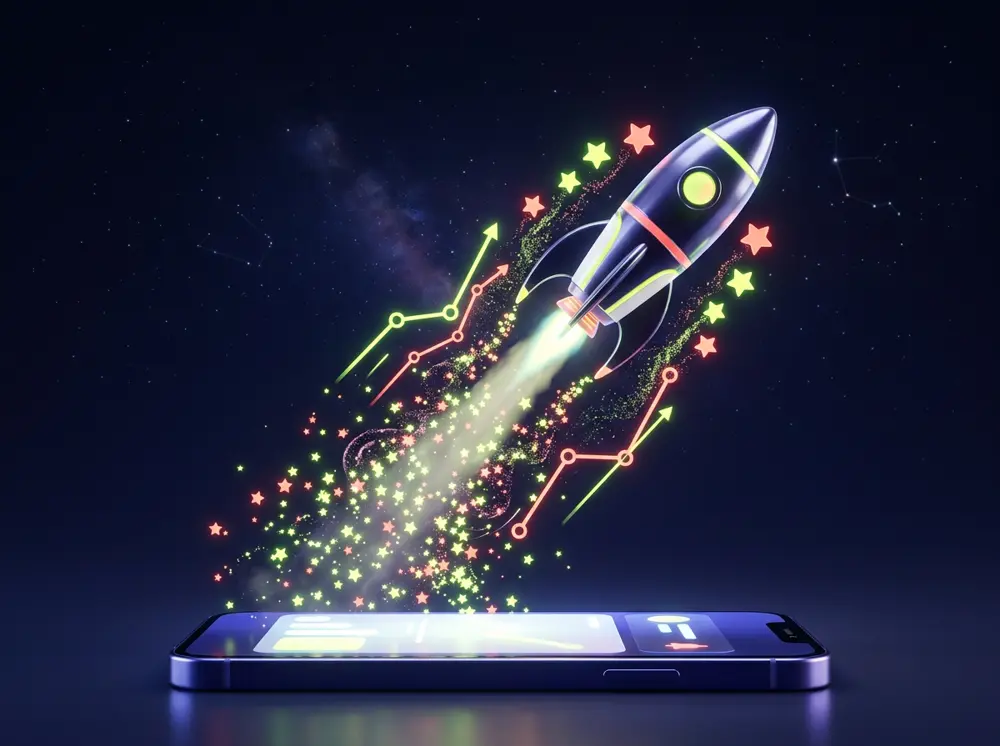 A rocket launching from a smartphone screen with a trail of stars and rising chart lines